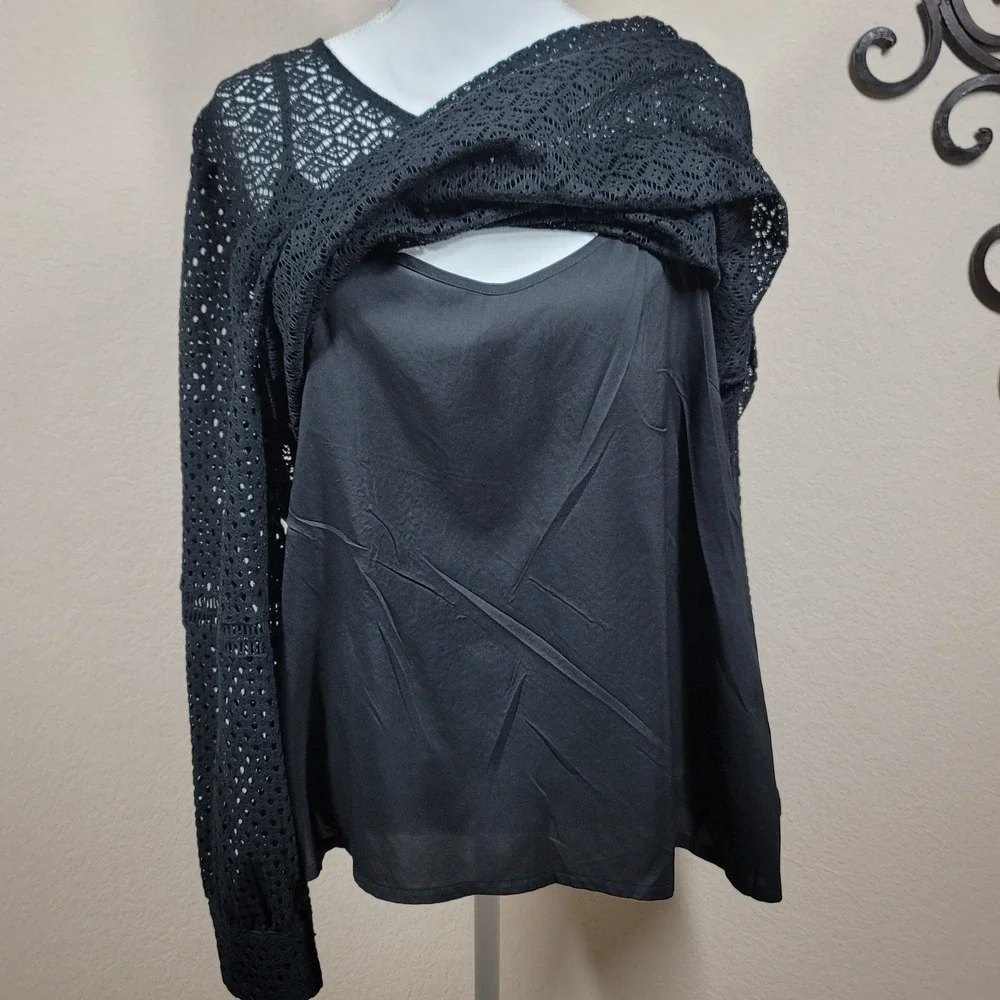 Banana Republic Lace Eyelet Top Women Black Geometric Long Sleeve Back Zip XXL
